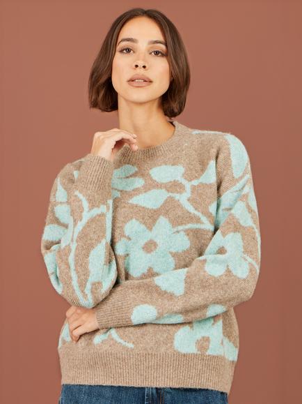 Yumi Floral Intarsia Relaxed Fit Jumper, Brown, Brown