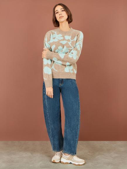 Yumi Floral Intarsia Relaxed Fit Jumper, Brown - view 2, Brown