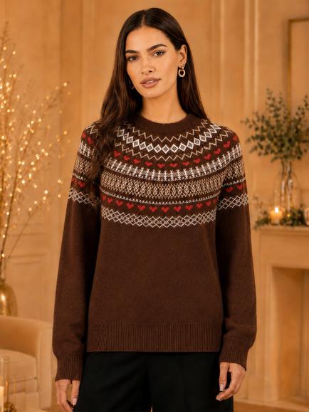 Yumi Relaxed Fair Isle Jumper, Brown, Brown