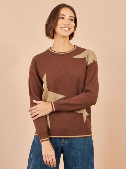 Yumi Star Sparkle Crew Neck Jumper, Brown/Gold, Brown/Gold