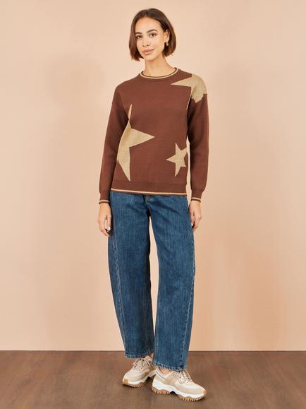 Yumi Star Sparkle Crew Neck Jumper, Brown/Gold - view 2, Brown/Gold