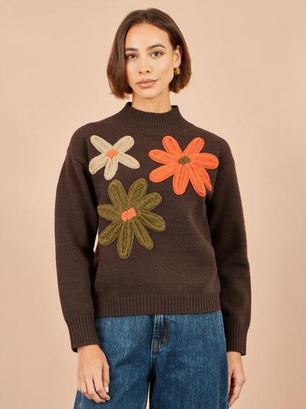 Yumi Applique Flowers Knitted High Neck Jumper, Brown/Multi, Brown/Multi