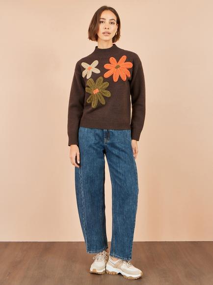 Yumi Applique Flowers Knitted High Neck Jumper, Brown/Multi - view 2, Brown/Multi