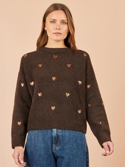 Yumi Sequin Heart Round Neck Jumper, Brown, Brown