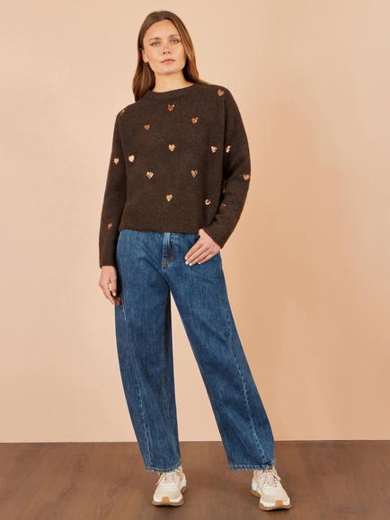 Yumi Sequin Heart Round Neck Jumper, Brown - view 2, Brown