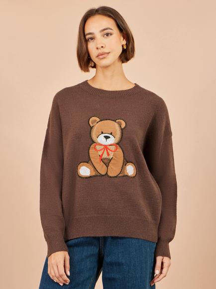 Yumi Teddy Bear Crew Neck Jumper, Brown/Multi