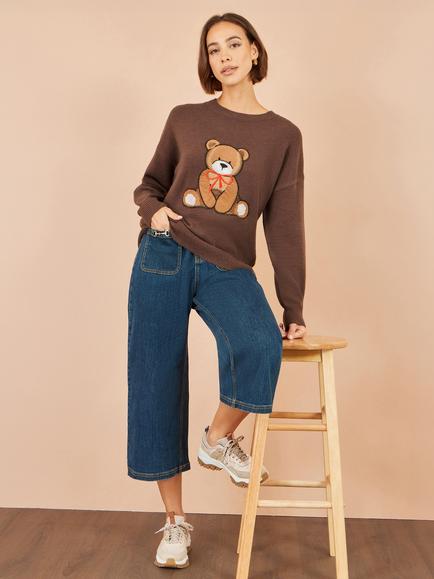 Yumi Teddy Bear Crew Neck Jumper - view 2, Brown/Multi