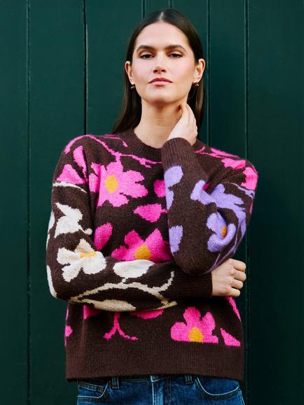 Yumi Floral Intarsia Relaxed Fit Jumper, Multi, Multi