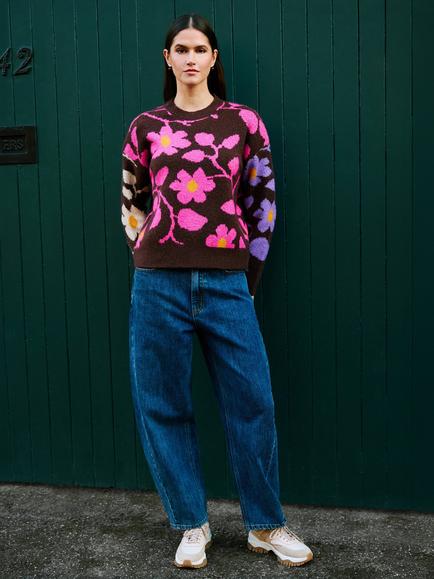 Yumi Floral Intarsia Relaxed Fit Jumper, Multi - view 2, Multi