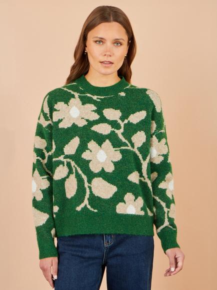 Yumi Floral Intarsia Relaxed Fit Jumper, Green/Multi, Green/Multi