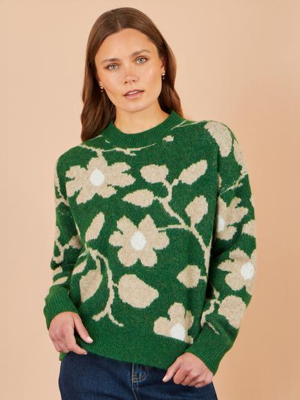 Yumi Floral Intarsia Relaxed Fit Jumper, Green/Multi - view 2, Green/Multi