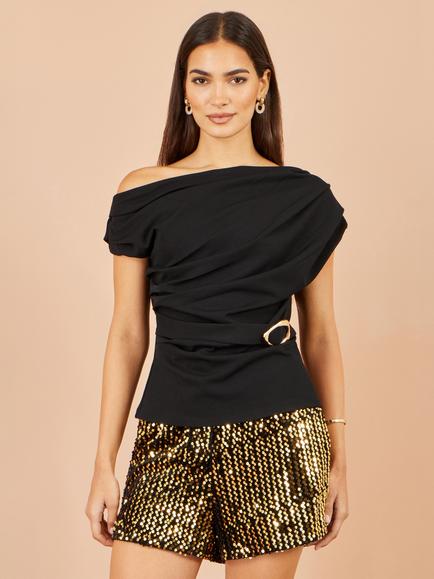 Yumi Buckle Detail Ruched Top, Black, Black