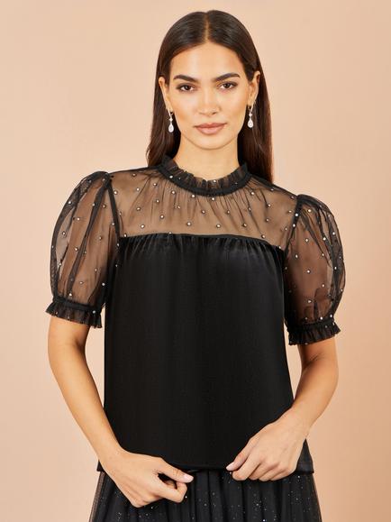 Yumi Velvet Mesh Embellished Top, Black, Black