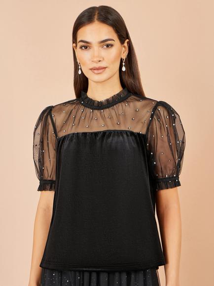 Yumi Velvet Mesh Embellished Top, Black - view 2, Black
