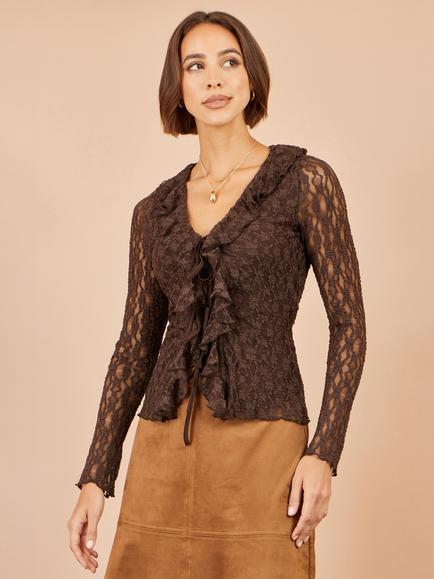 Yumi Floral Ruffle Lace Top, Brown, Brown