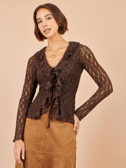 Yumi Floral Ruffle Lace Top, Brown - view 2, Brown