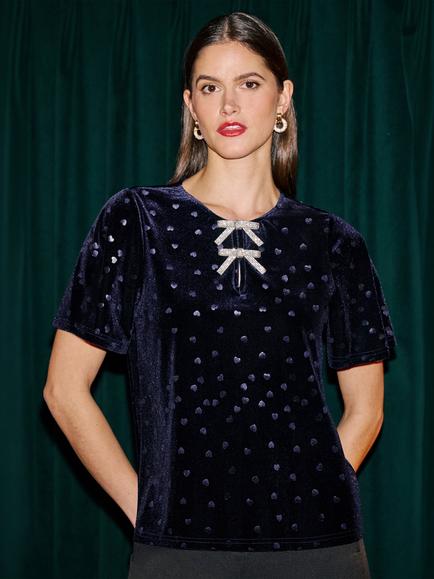 Yumi Heart Bow Detail Short Sleeve Velvet Top, Navy, Navy