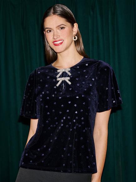 Yumi Heart Bow Detail Short Sleeve Velvet Top, Navy - view 2, Navy