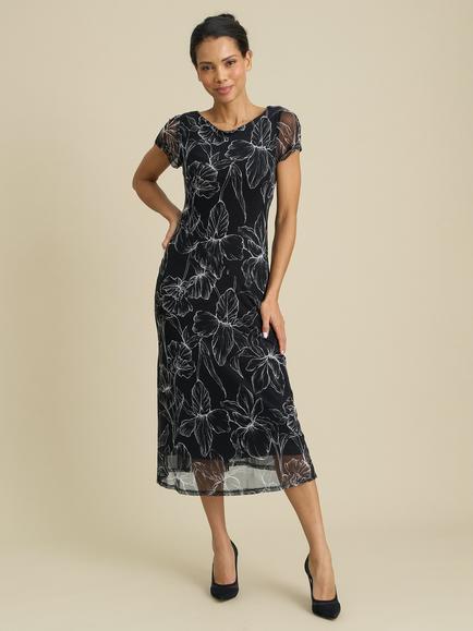 Gina Bacconi Rori Floral Print Mesh Midi Dress, Black/White, Black/White