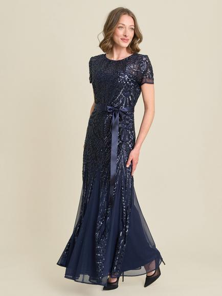 Gina Bacconi Monique Embroidered Sequin Godet Maxi Dress, Navy, Navy