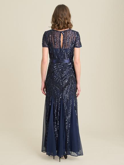 Gina Bacconi Monique Embroidered Sequin Godet Maxi Dress, Navy - view 2, Navy