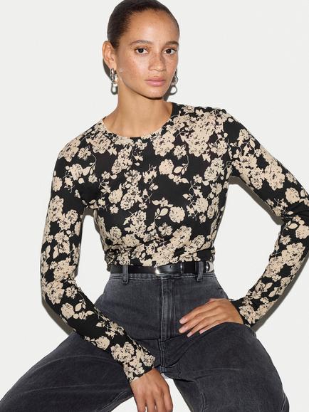 Jigsaw Camellia Floral Long Sleeve T-Shirt, Black, Black