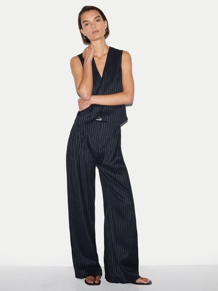 Jigsaw Linen Blend Pinstripe Pleated Trousers, Navy, Navy