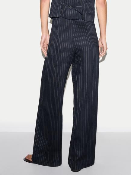 Jigsaw Linen Blend Pinstripe Pleated Trousers, Navy - view 2, Navy