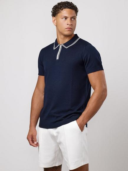 Gym King Portals Knitted Short Sleeve Tipped Polo Shirt, Navy, Navy