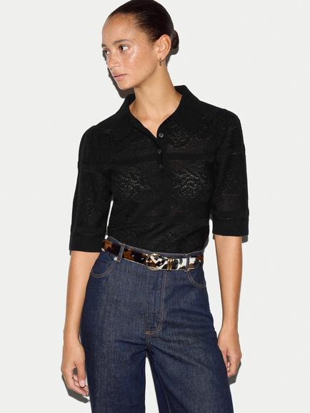 Jigsaw Pointelle Wool Rich with Cashmere Puff Sleeve Top, Black, Black