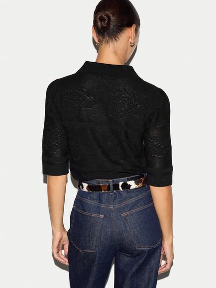 Jigsaw Pointelle Wool Rich with Cashmere Puff Sleeve Top, Black - view 2, Black