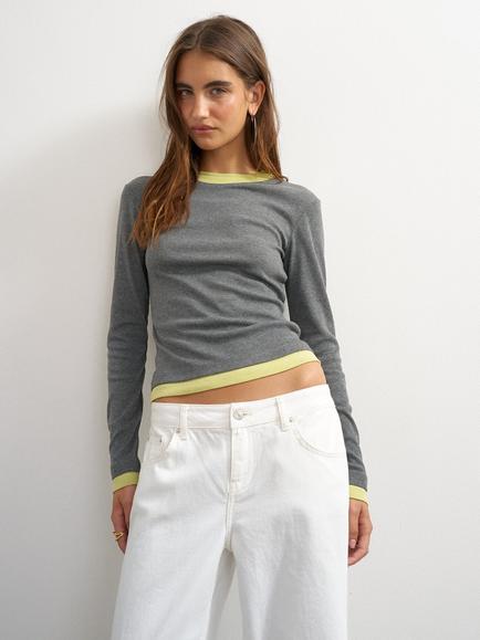 Topshop Layered Cropped Long Sleeve T-Shirt, Grey/Green, Grey/Green