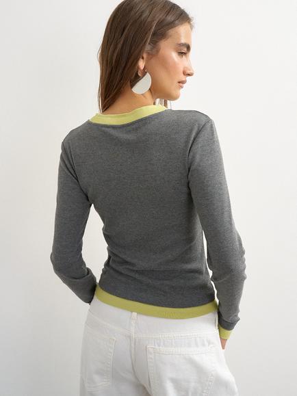 Topshop Layered Cropped Long Sleeve T-Shirt, Grey/Green - view 2, Grey/Green