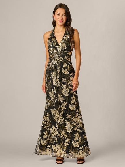 Adrianna Papell V-Neck Shirred Lace Gown, Black/Gold, Black/Gold
