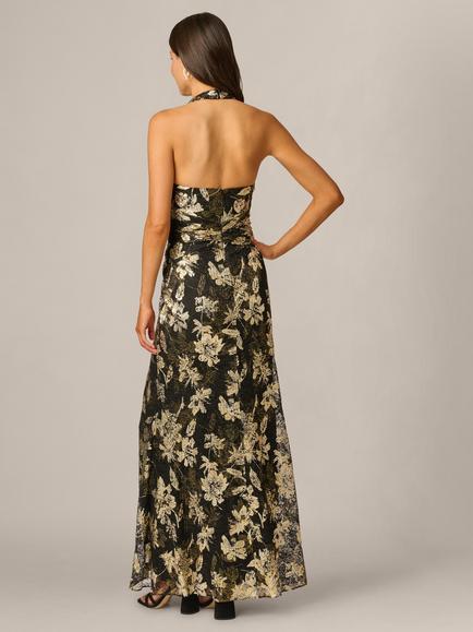 Adrianna Papell V-Neck Shirred Lace Gown, Black/Gold - view 2, Black/Gold