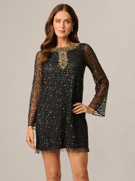 Adrianna Papell Beaded Mesh A-Line Dress, Black/Gold, Black/Gold