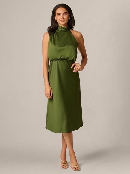 Adrianna Papell Satin Crepe Drape Dress, Olive Cypress, Olive Cypress