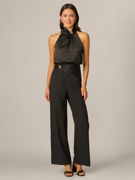 Adrianna Papell Satin Crepe Jumpsuit, Black, Black