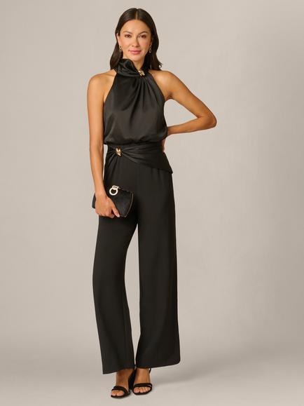 Adrianna Papell Satin Crepe Jumpsuit, Black - view 2, Black