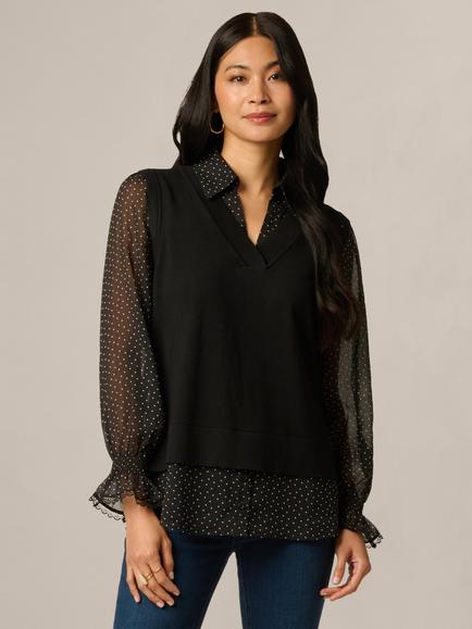 Adrianna Papell Long Sleeve Vest Twofer Top, Black/Ivory, Black/Ivory