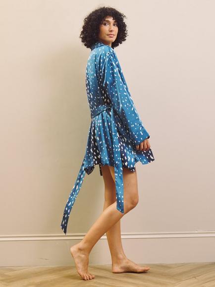 Their Nibs Midnight Fawn Satin Robe, Blue/Multi - view 2, Blue/Multi