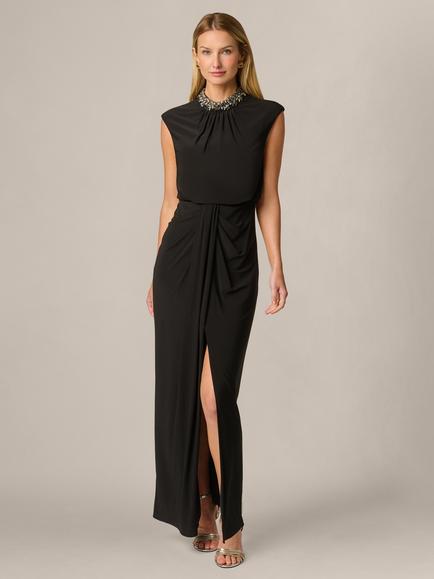 Adrianna Papell Faux Pearl Mock Neck Jersey Gown, Black, Black