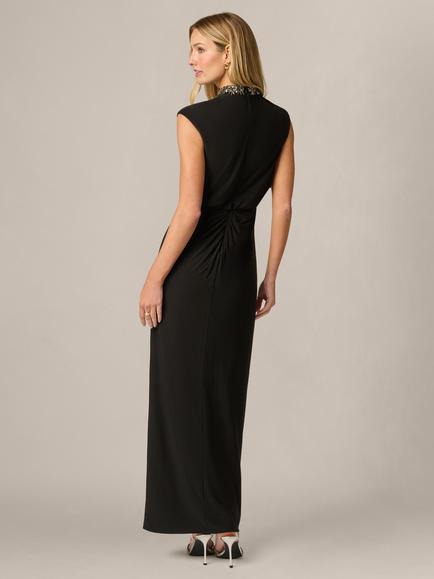 Adrianna Papell Faux Pearl Mock Neck Jersey Gown, Black - view 2, Black