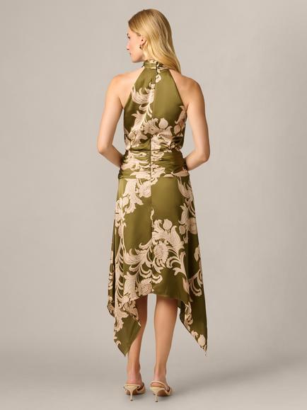 Adrianna Papell Satin Floral Print Dress, Olive/Ecru - view 2, Olive/Ecru