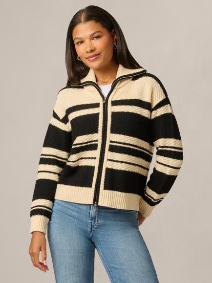 Adrianna Papell  Long Sleeve Zip Through Cardigan, Cream/Black, Cream/Black