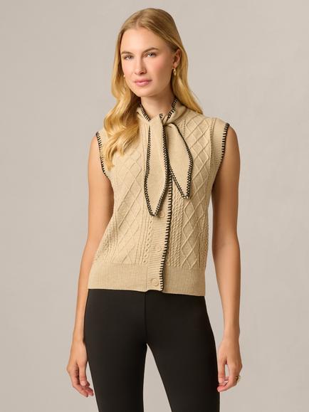 Adrianna Papell Tie Neck Sweater Vest, Heather Almond/Black, Heather Almond/Black