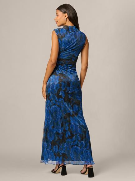 Adrianna Papell Metallic Crinkle Draped Gown, Blue/Black Multi - view 2, Blue/Black Multi