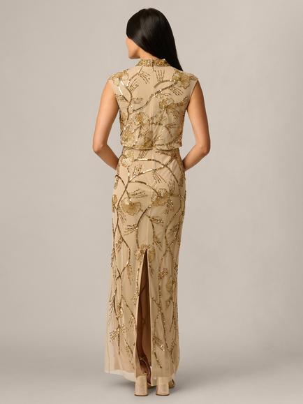 Adrianna Papell Mock Neck Beaded Long Dress, Gold - view 2, Gold