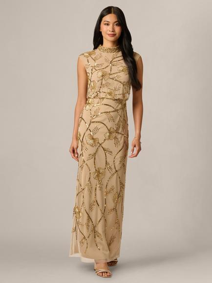 Adrianna Papell Petite Mock Neck Beaded Maxi Dress, Gold, Gold