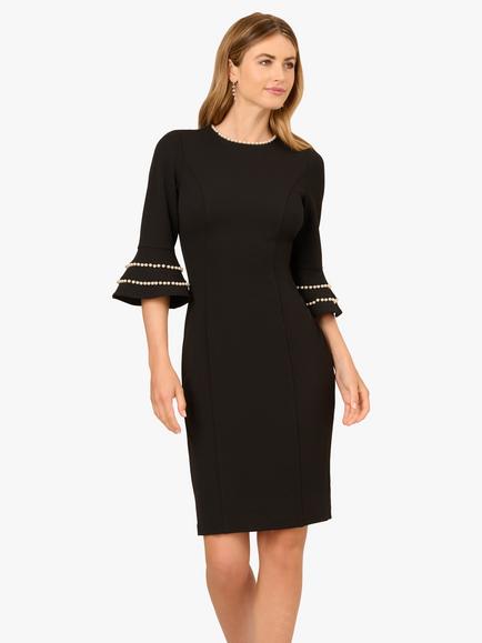 Adrianna Papell Petite Pearl Trimmed Dress, Black/Ivory, Black/Ivory